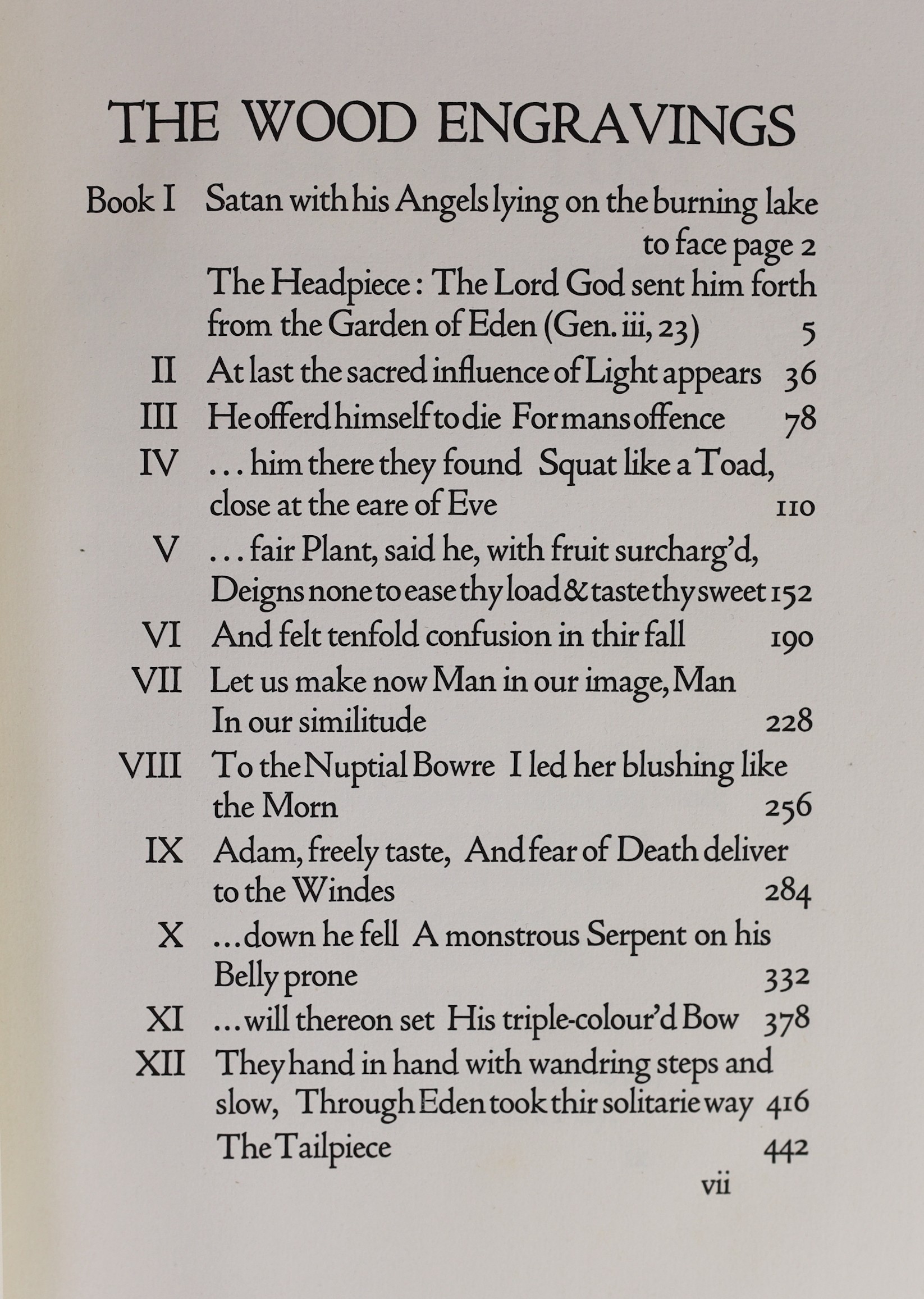 Cresset Press - London - Milton, John - Paradise Lost; Paradise Regain’d, one of 195, 2 vols, 4to, pigskin binding stamped - ‘’Wood of London’’, (Henry T. Wood, established 1875), illustrated with wood-engravings by Deme
